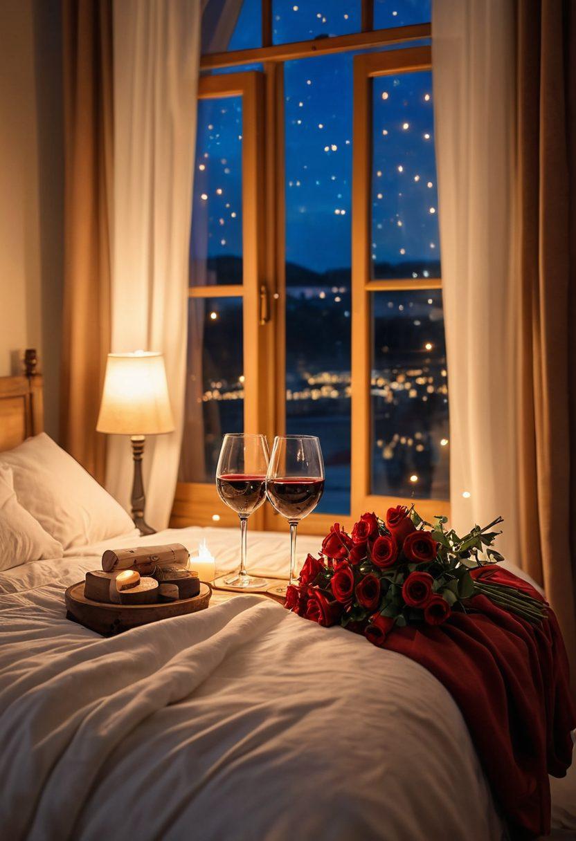 A romantic bedroom scene featuring a cozy bed adorned with soft, warm blankets and plush pillows, surrounded by candlelight and fairy lights. A small wooden table holds two glasses of red wine and a bouquet of flowers, while a large window looks out onto a starlit night. The atmosphere is intimate and inviting, perfect for a love nest. super-realistic. warm tones. intimate ambiance.