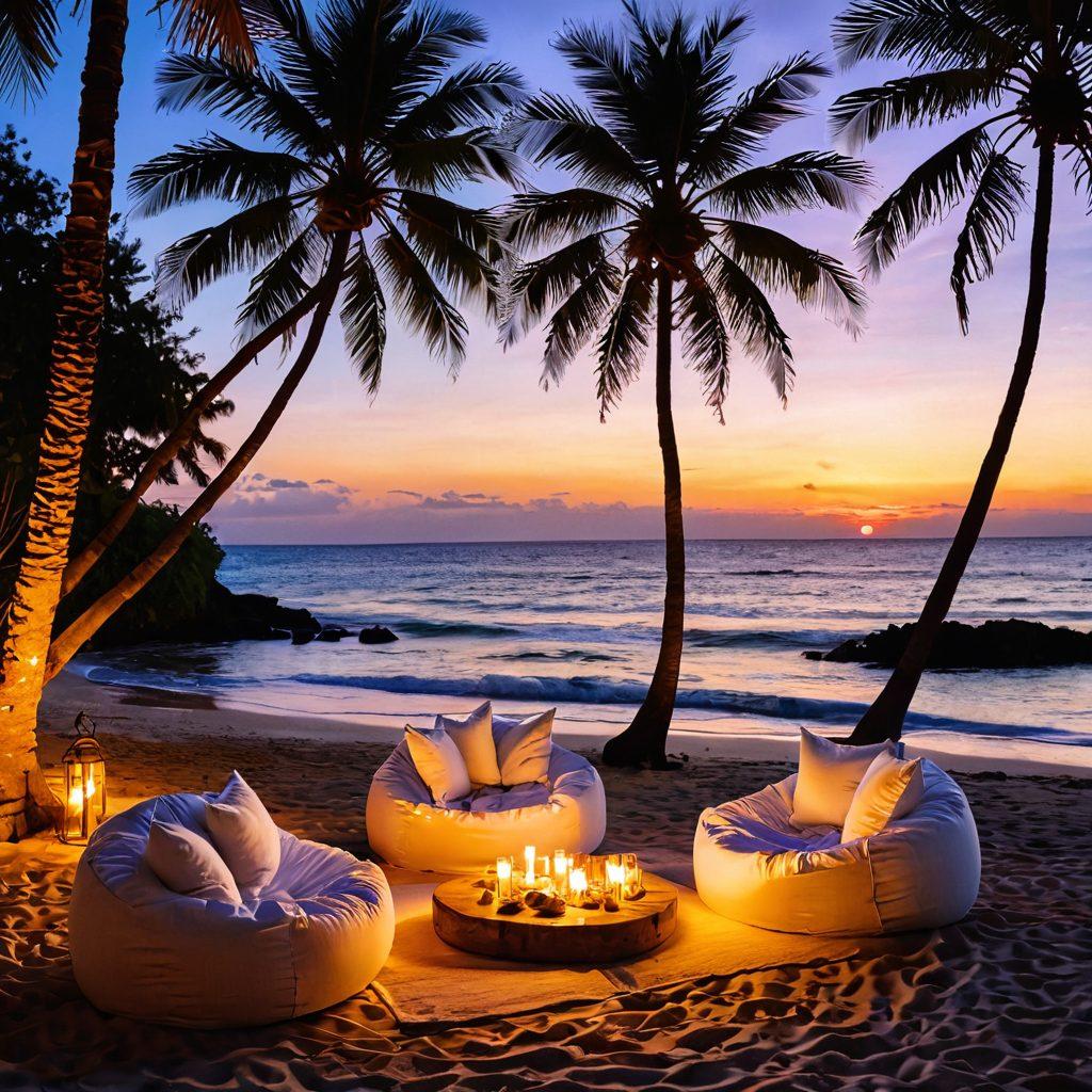A picturesque view of a secluded beach at sunset, featuring a cozy setup with couples lounging on oversized bean bags, surrounded by soft, twinkling fairy lights, and a table adorned with two glasses of sparkling wine. In the distance, gentle waves kiss the shore, while lush palm trees frame the scene. Emphasize romance and intimacy for couples to unwind together. vibrant colors. super-realistic.
