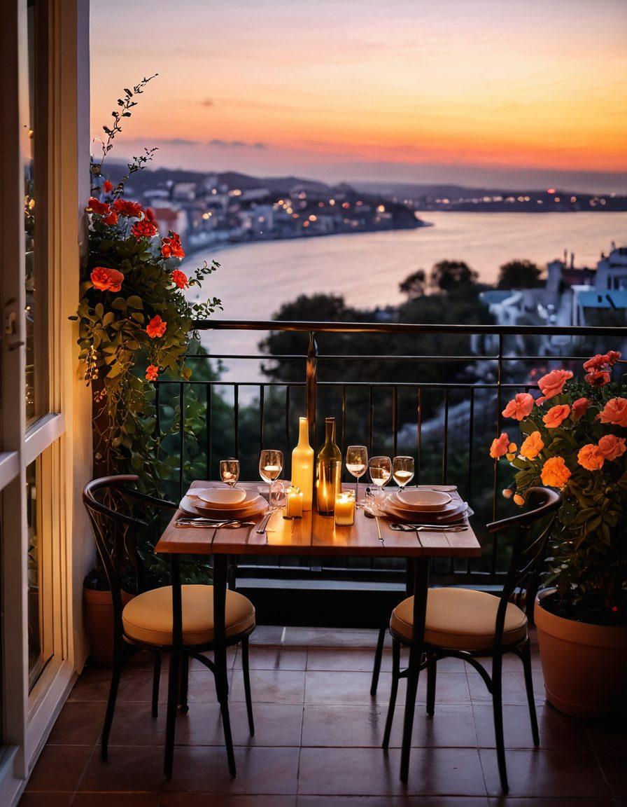 A beautifully set dining table for two on a picturesque balcony overlooking a sunset, with candles, flowers, and a bottle of wine; below, a cozy, stylish hotel with lush gardens and twinkling fairy lights. Convey a sense of intimacy and luxury that feels approachable and affordable. super-realistic. warm tones. soft focus.